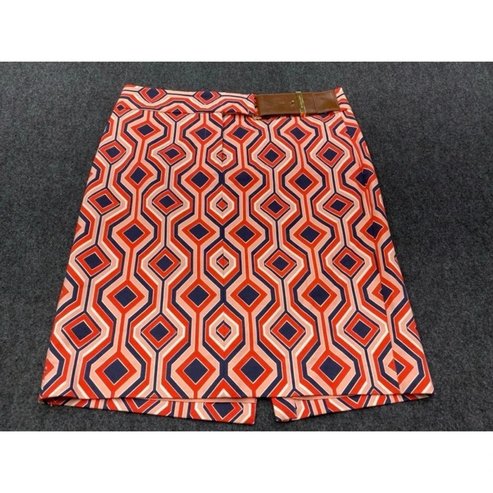 Michael Kors Pencil Skirt Womens 6 Orange Navy Geometric Diamond Belted 20in